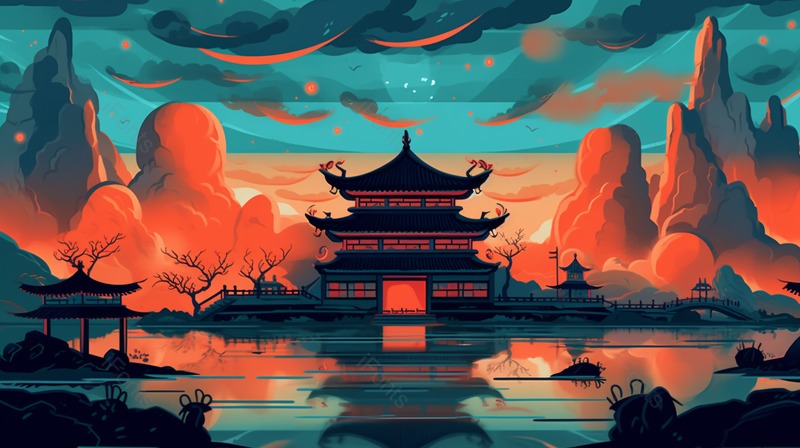 国潮故宫建筑山峰和平静的湖面倒影宫殿插画,插画/手绘图,插画/手绘图库,插画/手绘图下载,插画/手绘